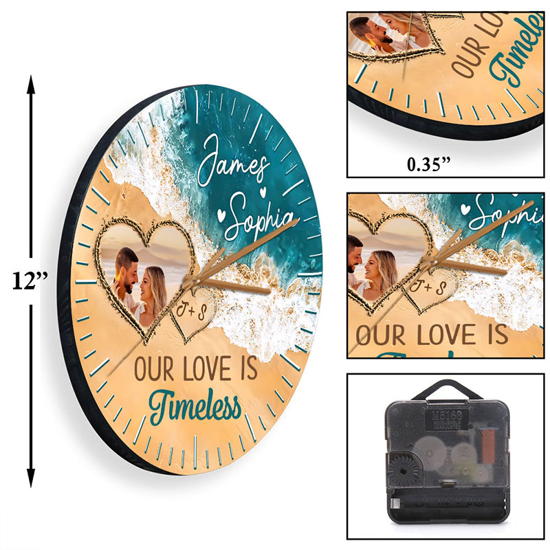 Personalized Couple Photo Our Love is Timeless Wall Clock Custom Beach-inspired Wall Clock with Couple Photo Anniversary Gift Valentine's Day Gift