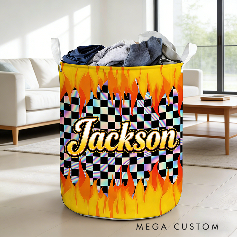 Personalized Racing Gifts Custom Name Laundry Basket Flame Checkered Storage Bin Race Car Lover Room Organizer Decor