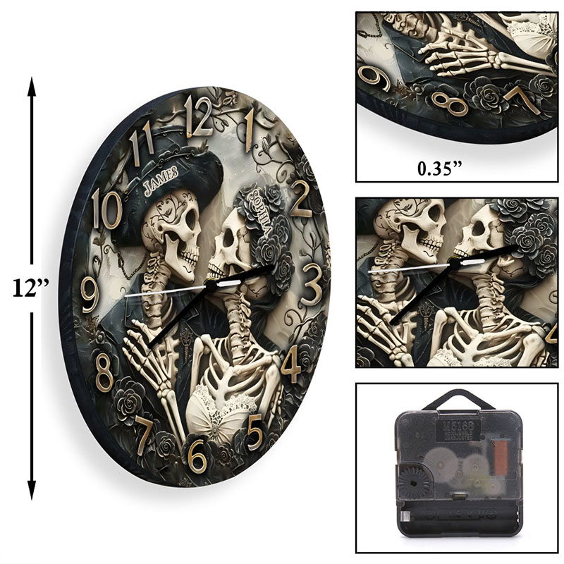 Personalized Skeleton Couple Till Death Do Us Part Wall Clock Custom Retro Gothic Graphic 3D Printed Wall Clock Anniversary Gift Valentine's Day Gift
