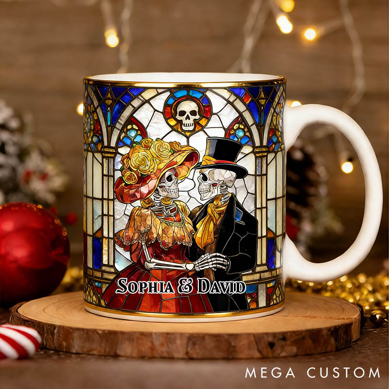 Personalized Gothic Couple Mug Till Death Do Us Part 3D Effect Graphic Mug Couple Skeleton Church Wedding Coffee Cup Anniversary Valentine
