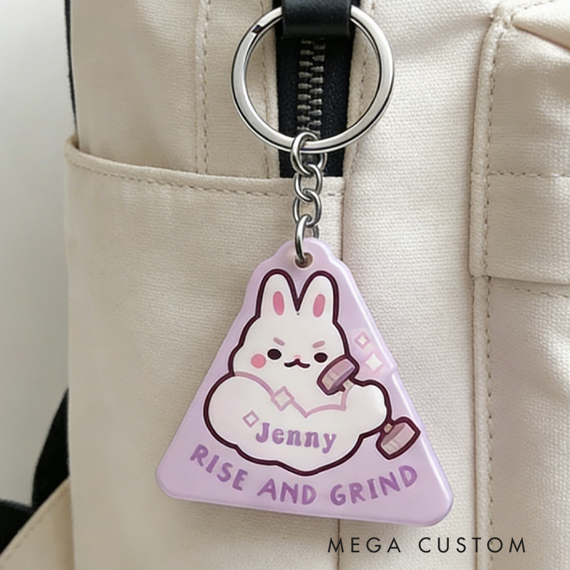 Personalized Rise and Grind Keychain Cute Bunny Keychain Acrylic Epoxy Workout Motivational for Gym Lovers