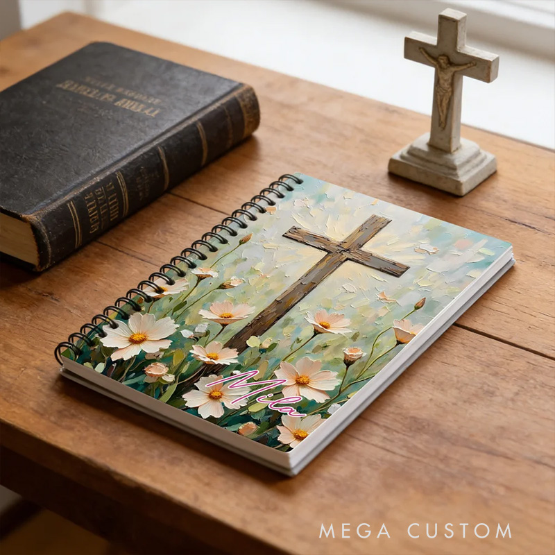 Personalized Flower Cross A5 Spiral Notebook with Name Back to School Birthday Gift Religious Gift for Christian Student