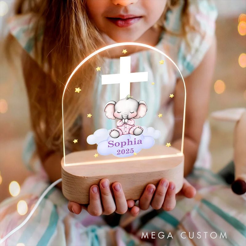Personalized Cross Star Praying Animal Wooden Base Acrylic LED Night Light with Name Baptism Birthday Gift Religious Gift for Kids
