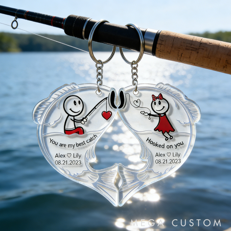 Personalized Fishing for Love Couple Keychain Engraved Keychain Metaphorical Holiday Gift for Partners