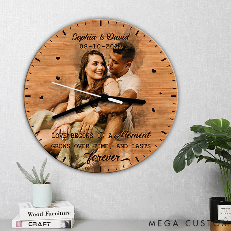 Personalized Couple Photo Love begins in a moment Wall Clock Custom Wall Clock with Couple Portrait Anniversary Gift Valentine's Day Gift for Him Her