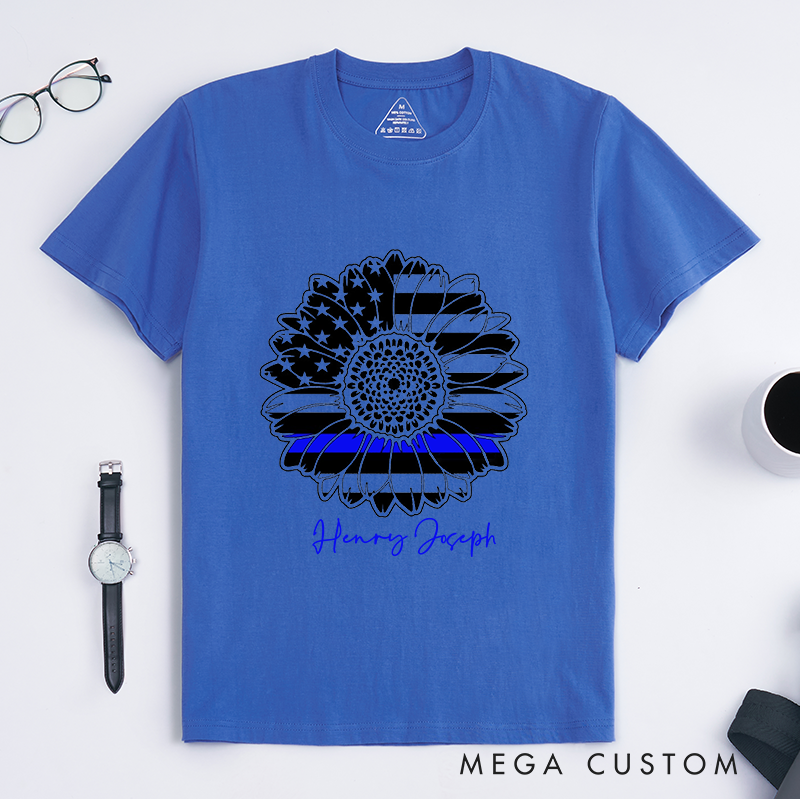 Personalized Police Thin Blue Line Flower Design Gift for Police Officer T-Shirt