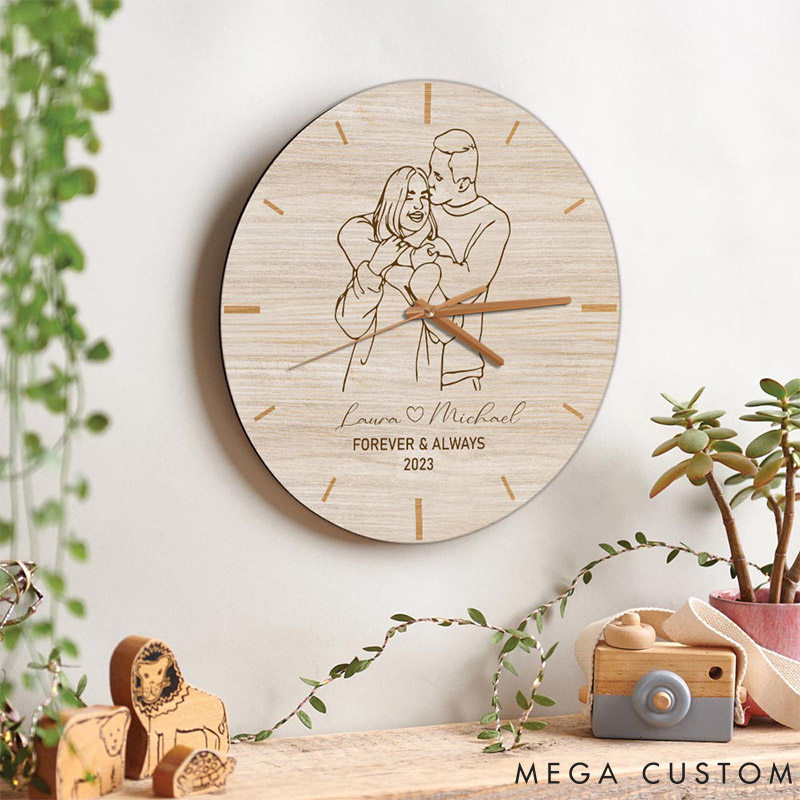 Personalized Couple Photo Forever and Always Wall Clock Custom Wall Clock with Couple Photo Line Portrait Anniversary Valentine's Day Gift for Him Her