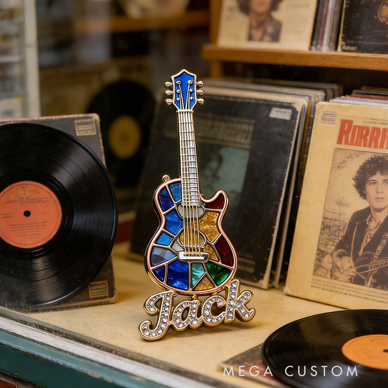 Personalized Custom Stained Glass Electric Guitar Enamel Pin – Personalized Name Lapel Pin for Music Enthusiasts
