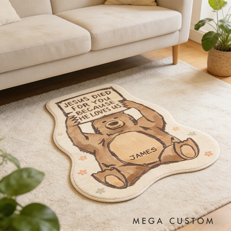 Personalize Jesus Loves us Bear Christian Rug with Custom Name Faith Rug Religious Gift Christian Gift for Jesus Lover