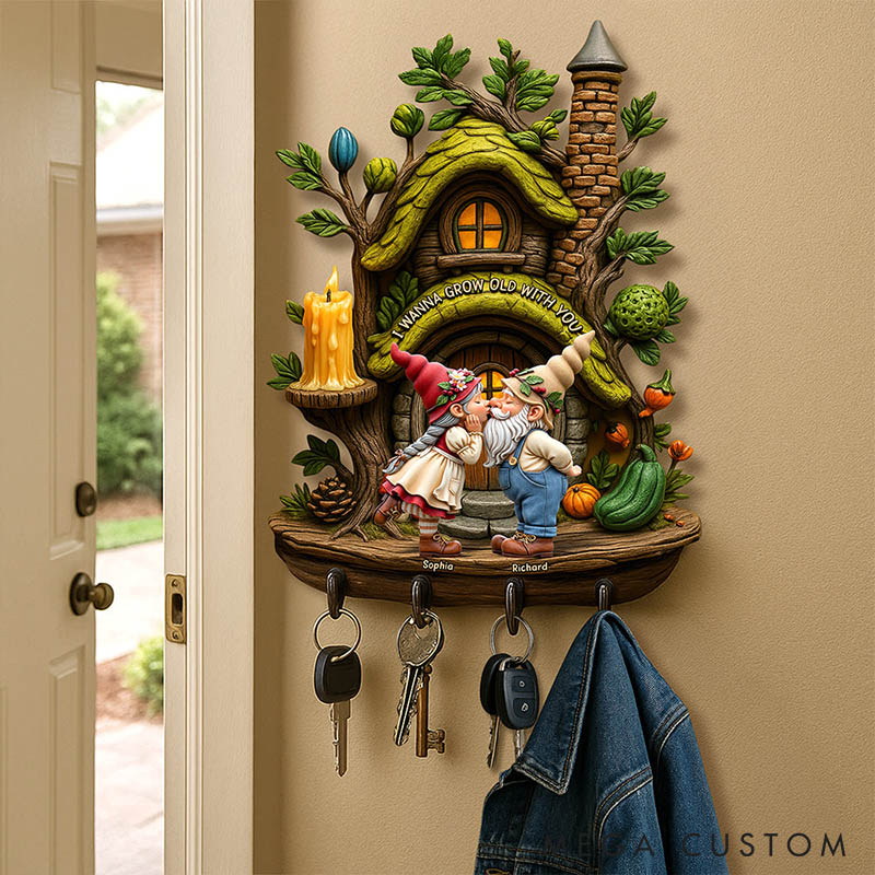 Personalized Gnome Couple I Wanna Growing Old With You Wooden Key Hanger Custom Old Couple 3D Effect Key Hanger Anniversary Gift Valentines Day Gift