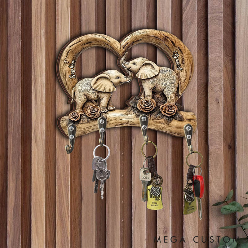Personalized Sweetheart Elephant Couple Wooden Key Holder Custom Graphic 3D Printed Imitation Wood Effect Key Hanger Anniversary Valentines Day Gift