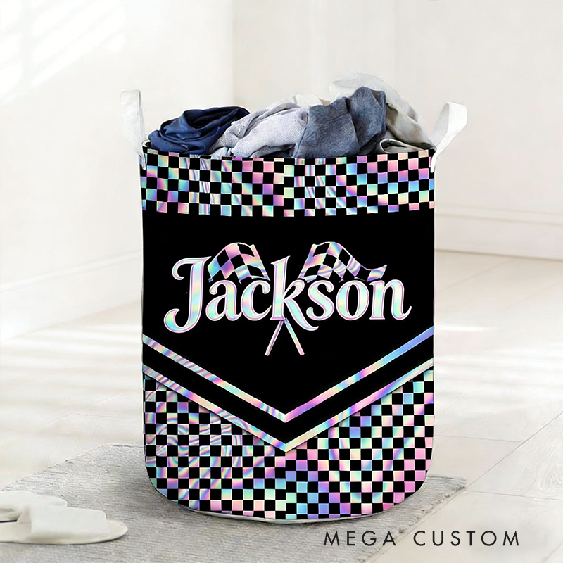 Personalized Racing Gifts Custom Name Laundry Basket Checkered Flag Storage Bin Race Car Lover Room Organizer Decor