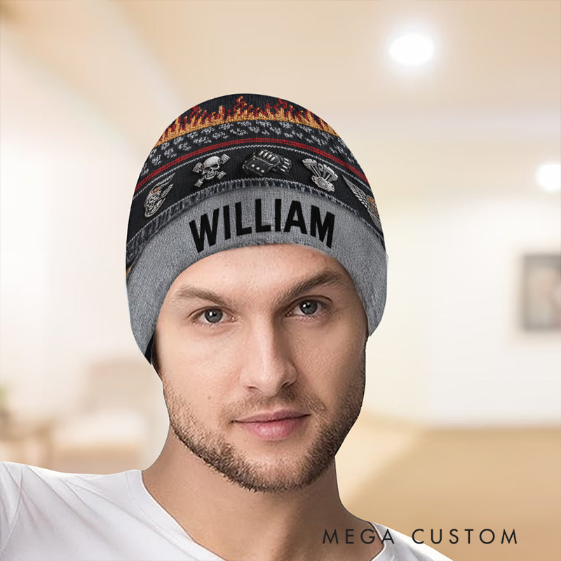 Personalized Biker Gifts Custom Name Flame Engine Beanie Hat Motorcycle Lover Knit Cap Racing Rider Winter Hat
