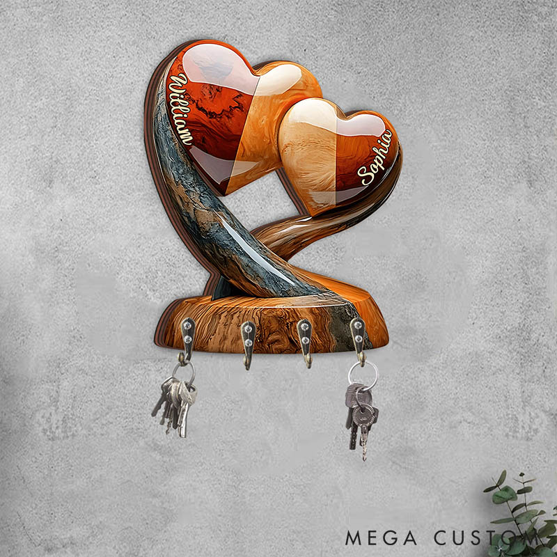 Personalized Couple Two Intertwined Hearts Wooden Key Holder Custom Shaped Graphic 3D Printed Effect Key Hanger Anniversary Valentines Day Gift