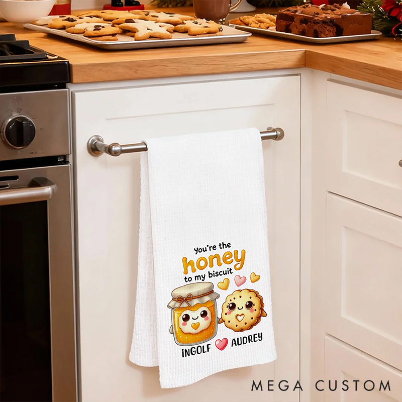 Personalized Cute Food Pattern Tea Towel with Name Custom Kitchen Towel Anniversary Valentine's Day Gift for Couple