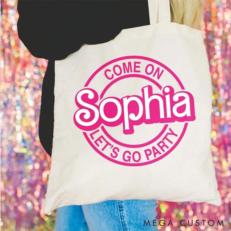 Personalized Pink Doll Inspired Reusable Canvas Tote Bag with Name Valentines Day Gift for Friend Galentines Gift for Besties