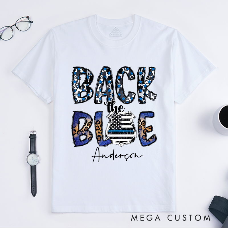 Personalized Police Leopard Print Back the Blue Design Gift for Police Officer T-Shirt