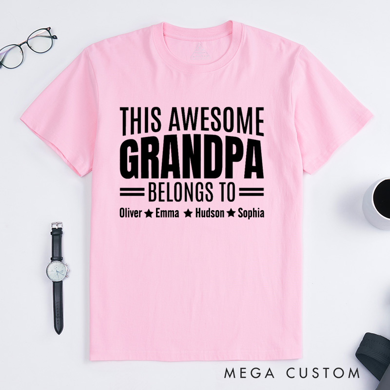 Personalized Grandpa T-Shirt Custom This Awesome Grandpa Belongs To Gift for Grandfather Father's Day Birthday Comfortable Cotton Shirt for Men