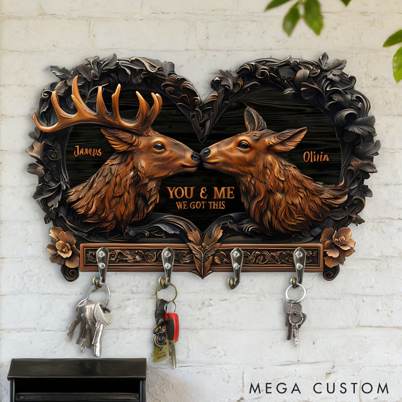 Personalized Deer Couple You and Me We Got This Wooden Key Holder Custom Shaped Graphic 3D Printed Key Hanger Anniversary Valentine's Day Gift