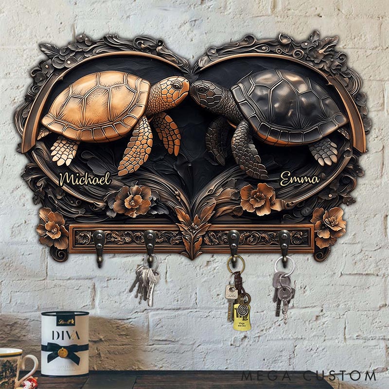 Personalized Turtle Couple Retro Wooden Key Holder Custom Shaped Graphic 3D Printed Key Hanger Anniversary Gift Valentine's Day Gift for Him Her