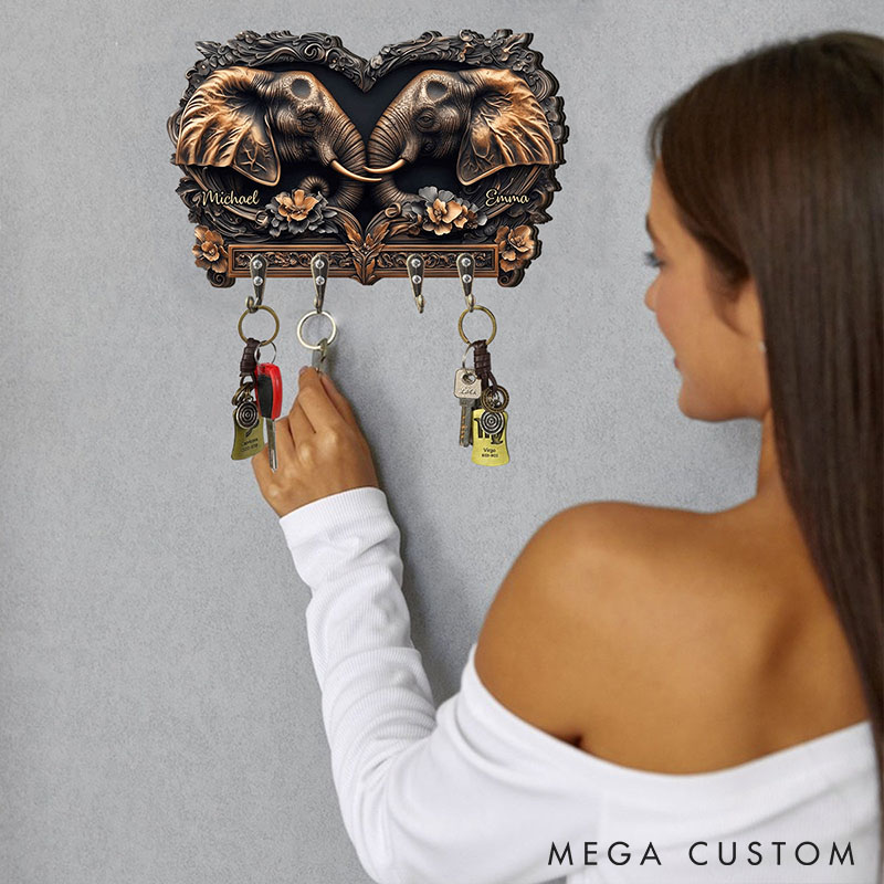 Personalized Elephant Couple Retro Wooden Key Holder Custom Shaped Graphic 3D Printed Key Hanger Anniversary Gift Valentine's Day Gift for Him Her
