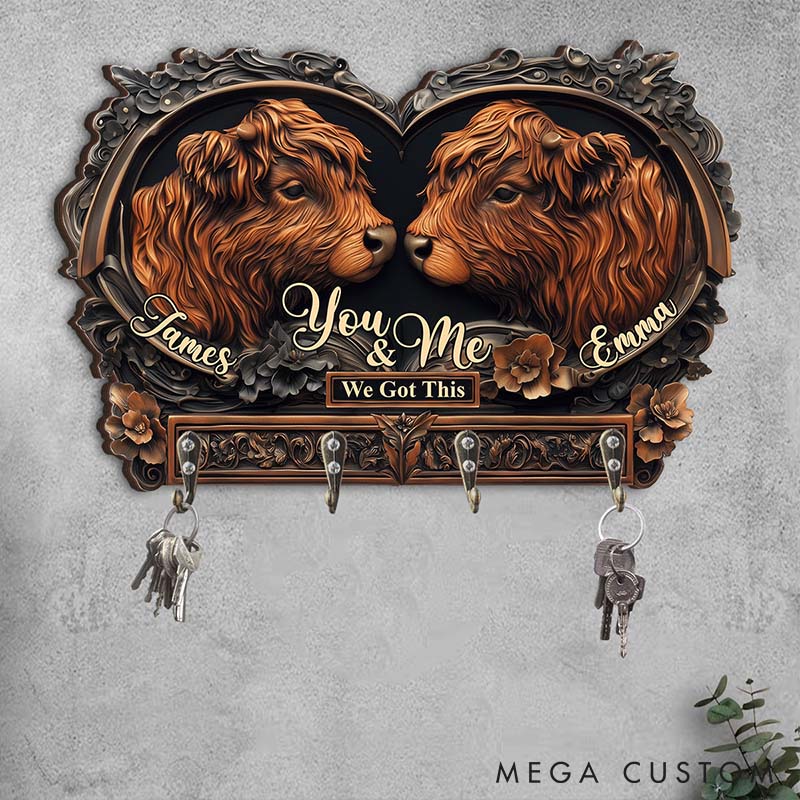 Personalized Highland Cow Couple You and Me We Got This Wooden Key Holder Custom Shaped Graphic 3D Printed Key Hanger Anniversary Valentine's Day Gift