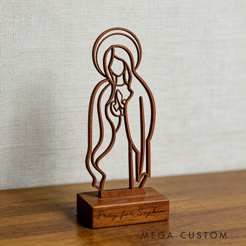 Personalized Inspirational Virgin Mary Art Wooden Plaque with Engraved Text Desktop Decor Birthday Religious Baptism Gift for Christian Family