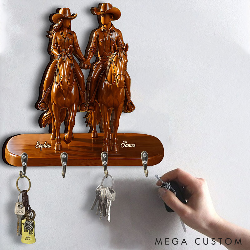 Personalized Cowgirl Cowboy Couple Riding Partners For Life Wooden Key Holder Custom Shaped Graphic 3D Printed Key Hanger Valentine's Day Gift
