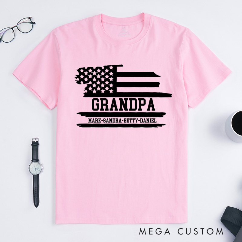 Personalized Grandpa Flag T-Shirt with Grandkids Names Gift for Grandfather Father's Day Birthday Comfortable Cotton Shirt for Men