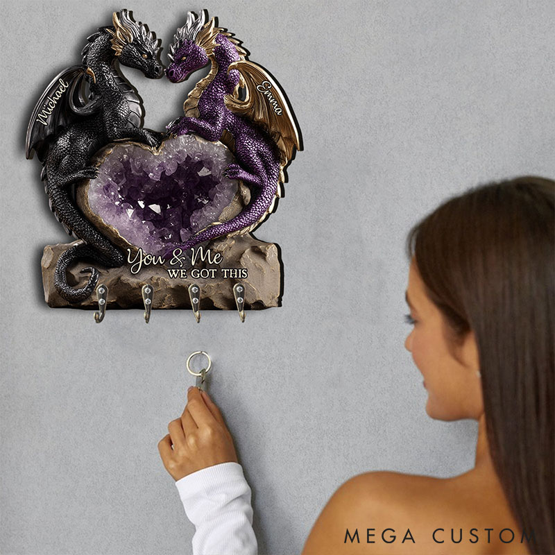 Personalized Retro Dragon Couple You and Me We Got This Wooden Key Holder Custom Shaped Graphic 3D Printed Key Hanger Anniversary Valentine's Day Gift
