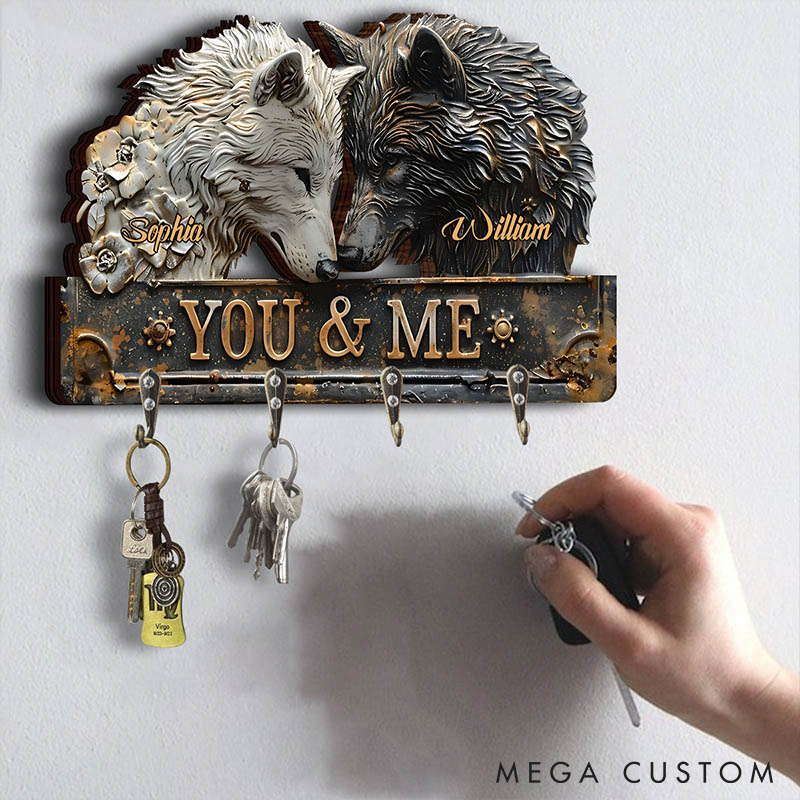 Personalized Retro Wolf Couple You and Me We Got This Wooden Key Holder Custom Shaped Graphic 3D Printed Key Hanger Anniversary Valentine's Day Gift