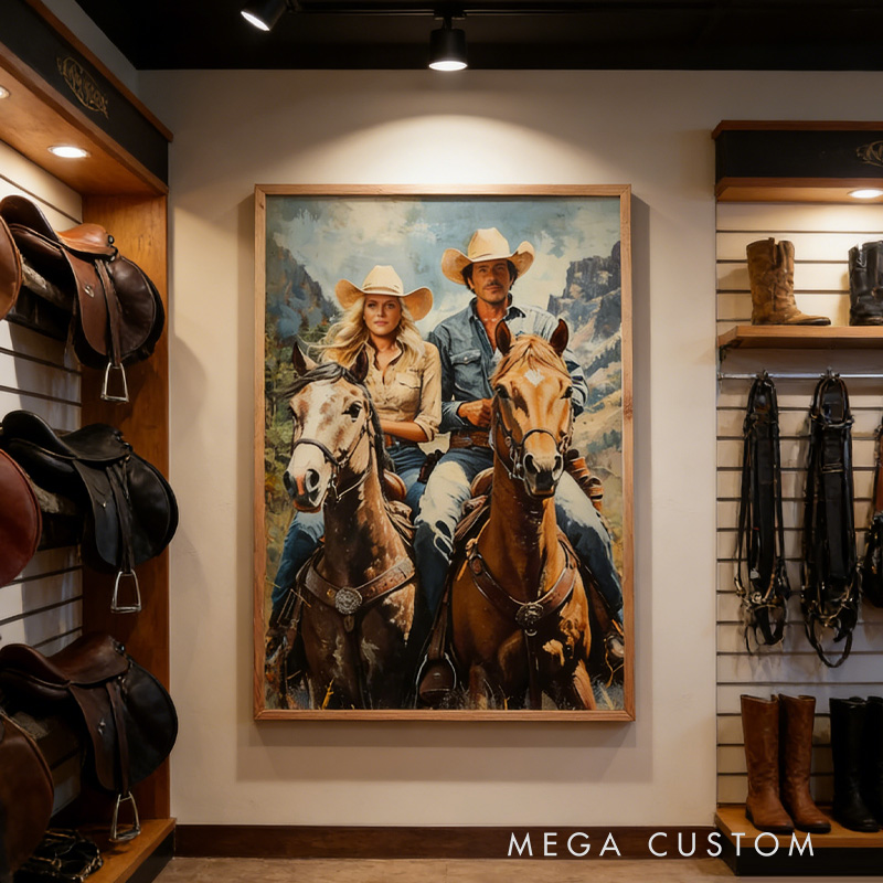 Personalized Custom Cowboy Couple Portrait Western Art from Photo for Riding Lovers