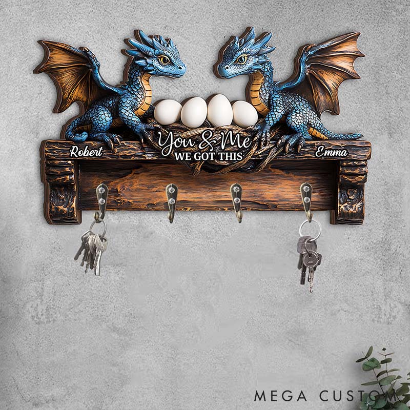 Personalized Dragon Couple with Eggs You and Me We Got This Wooden Key Holder Custom Shaped Graphic 3D Printed Key Hanger Valentine's Day Gift