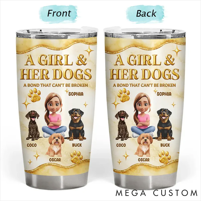 Personalized Dog Lover A Girl and Her Dogs 3D Golden Effect Gift for Dog Lovers 20oz Tumbler