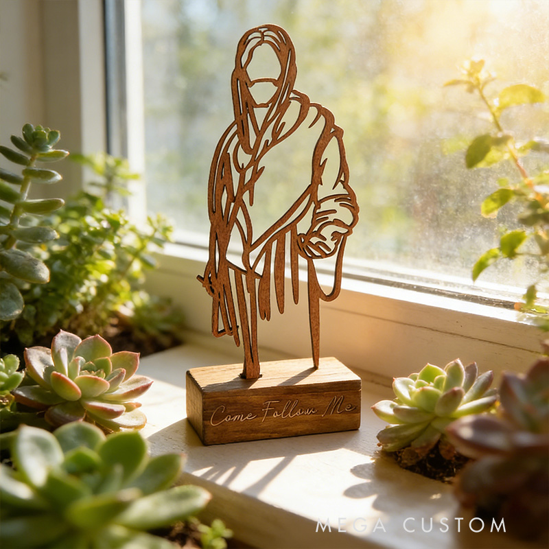 Personalized Jesus Art Wooden Plaque with Engraved Text Desktop Decor Birthday Religious Gift for Christian Family