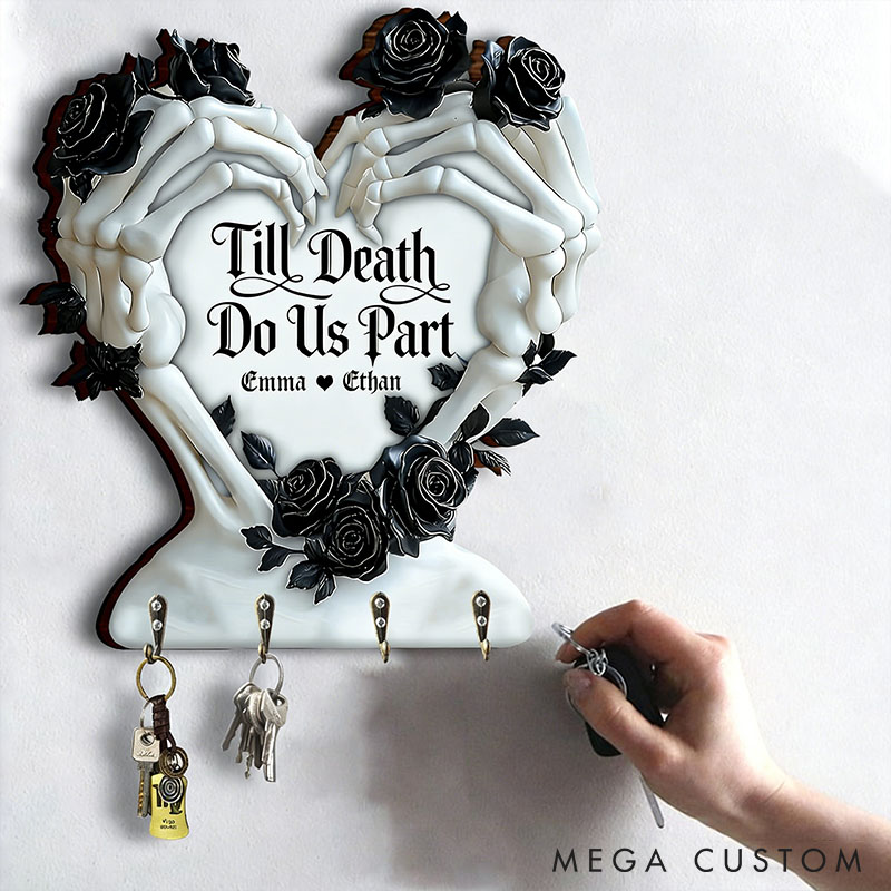Personalized Couple Skeleton Hand Heart Till Death Do Us Part Wooden Key Holder Custom Shaped Graphic 3D Printed Key Hanger Valentines Day Gift