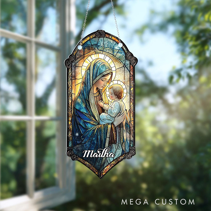 Personalized Virgin Mary and Baby Jesus Suncatcher with Custom Name Religious Virgin Mary Window Decor Religious Gift Catholic Gift for Her