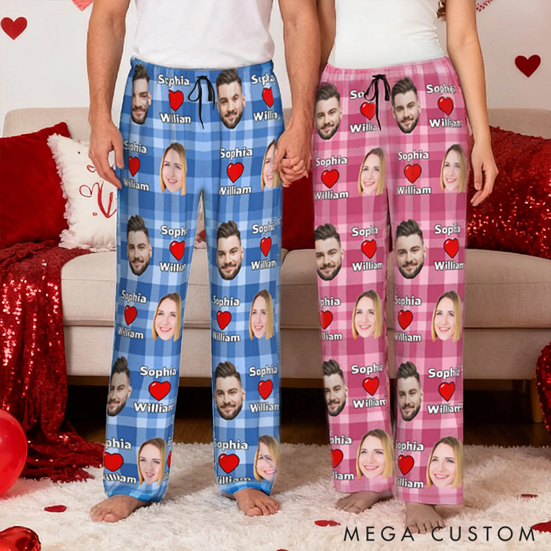 Personalized Valentine's Day Couple Faces Photo Matching Pajama Pants Custom Man Woman Photo Portrait Soft Pjs Bottoms Anniversary Gift for Him Her