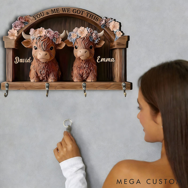 Personalized Floral Highland Cow Couple You and Me We Got This Wooden Key Holder Custom Shaped Graphic 3D Printed Key Hanger Valentines Day Gift