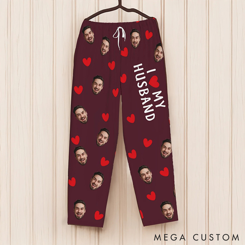 Personalized Valentine's Day Couple Faces Photo Matching Pajama Pants Custom Man Woman Photo Portrait Soft Pjs Bottoms Anniversary Gift for Him Her