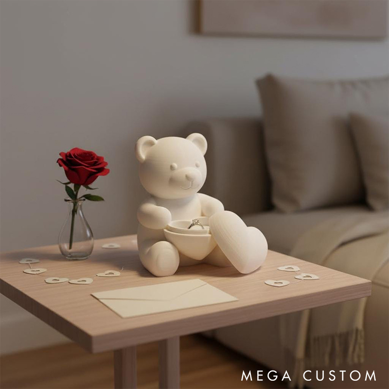 Personalized Couple White Teddy Bear Heart Ring Holder Custom Engagement 3D Printed Bear Ring Box for Newlyweds Valentines Day Gift for Him Her