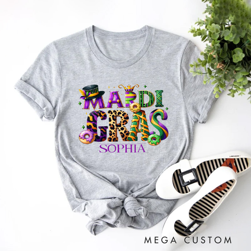 Personalized Mardi Gras Donut Classic T-shirts King Cake Shirt with Name Louisiana Tee Carnival Coquette Tee Gift for Women Her Baking Lover