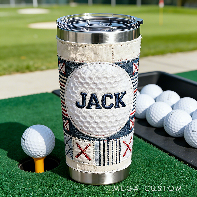 Personalized Golf Ball Embroidered Stainless Steel Tumbler – Custom Name Insulated Cup for Golf Enthusiasts