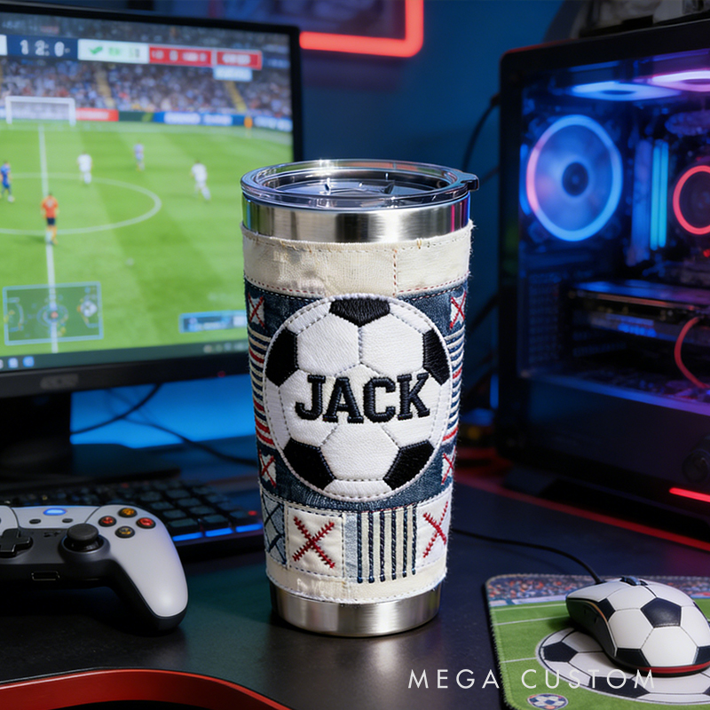 Personalized Custom Soccer Ball Embroidered Insulated Tumbler – Personalized Stainless Steel Cup for Soccer Fans