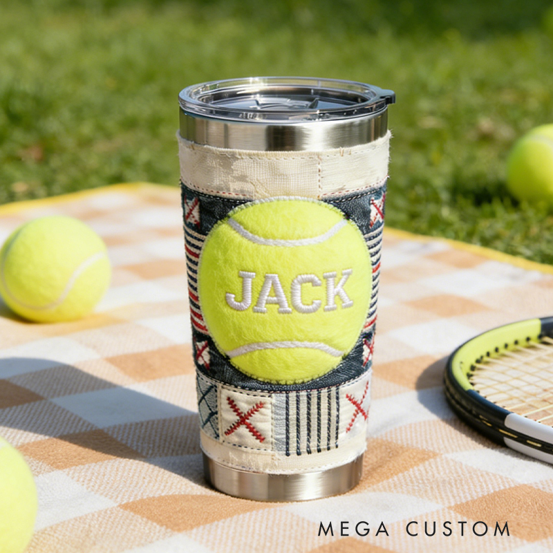 Personalized Tennis Ball Embroidered Stainless Steel Tumbler – Custom Name Insulated Cup for Tennis Enthusiasts