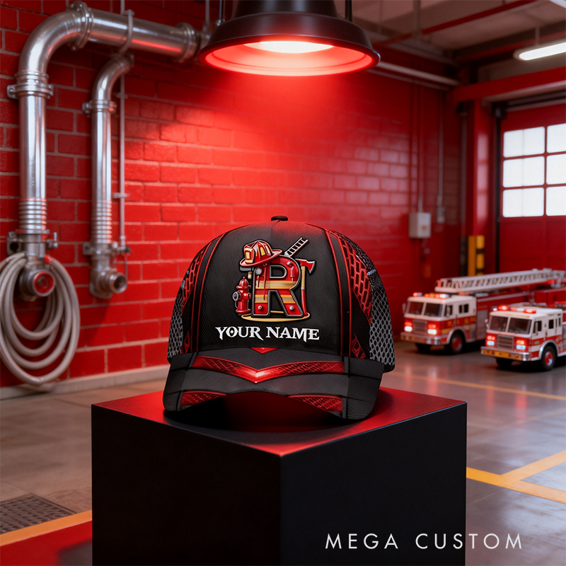 Personalized Firefighter Gifts Custom Name and Initial Alphabet Full Print Cap Firefighter Themed Hat for Man