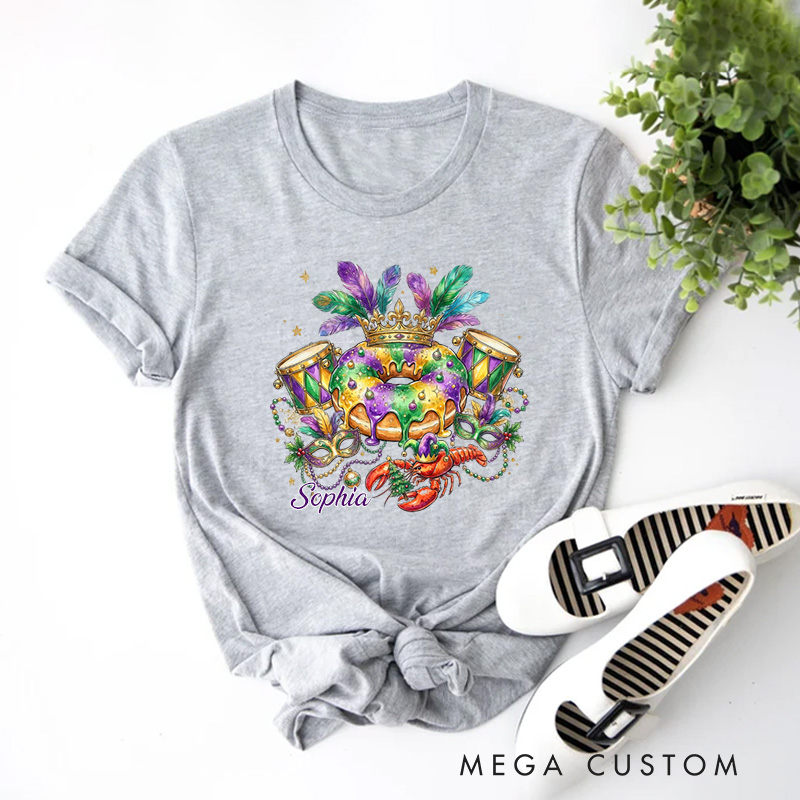 Personalized Mardi Gras King Cake Classic T-shirts Louisiana Carnival Graphic Tee with Name Fat Tuesday Festival Top for Donut Lover Baker Baking Lover