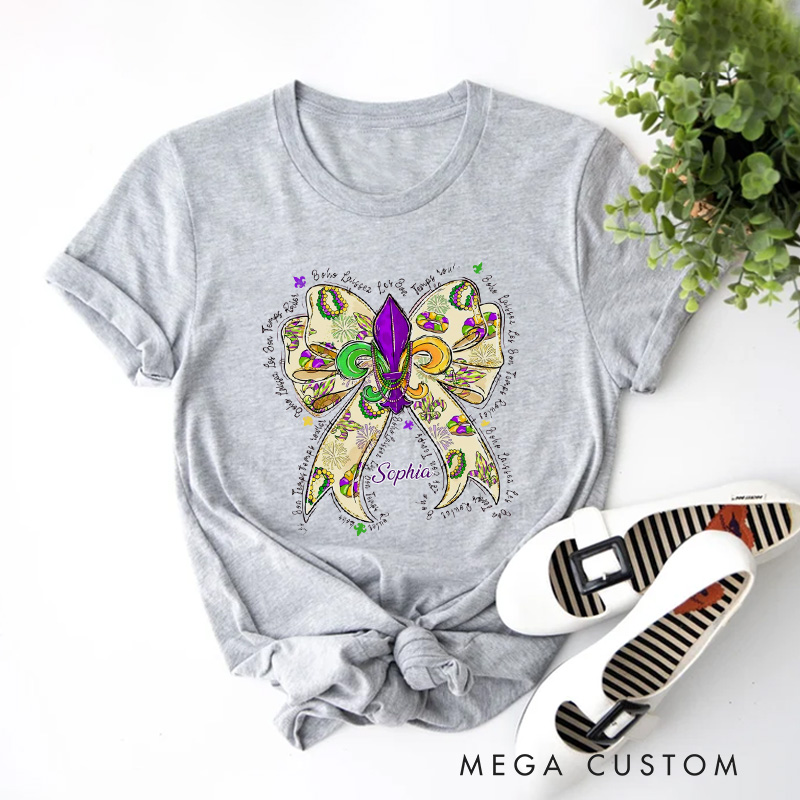 Personalized Mardi Gras Donut Bow Classic T-shirts Mardi Gras King Cake Tee with Name Fat Tuesday Festival Top for Donut Lover Baker Baking Lover