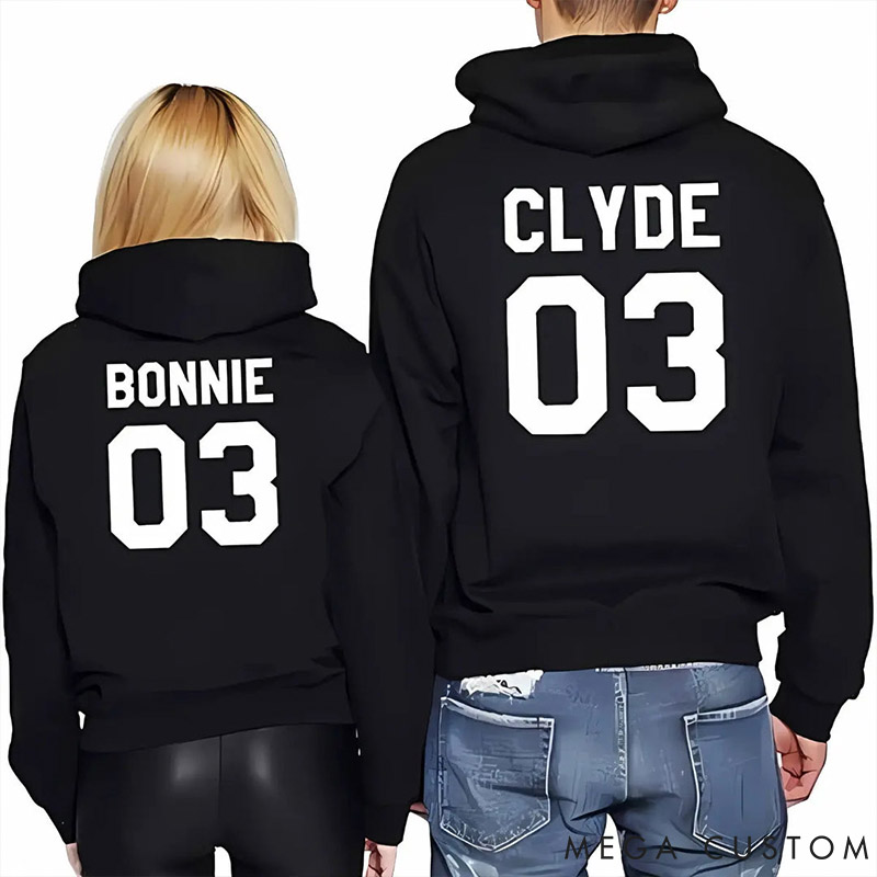 Personalized Couple Bonnie and Clyde 03 Matching Hoodie Custom Couple Sweatshirt with Name and Number Anniversary Valentine's Day Gift for Him Her