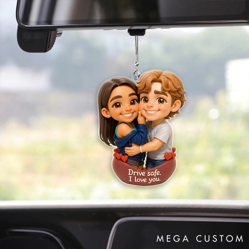 Personalized Couple Transparent Car Ornament Custom 2D Flat Couple Car Ornament Drive Safe Handsome I Love You Couple Anniversary Valentines Gift